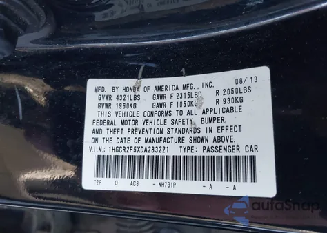 2013 Honda Accord Sport z USA, uszkodzony, nr VIN 1HGCR2F5XDA283221